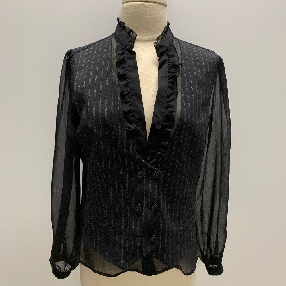 Ruffled Sheer Shirt with Attached Vest-Black